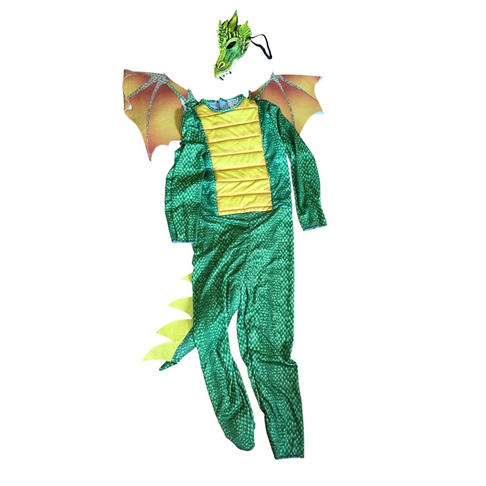 Rubies Dragon Costume Green Scale Jumpsuit with Mask and Wings Youth Medium